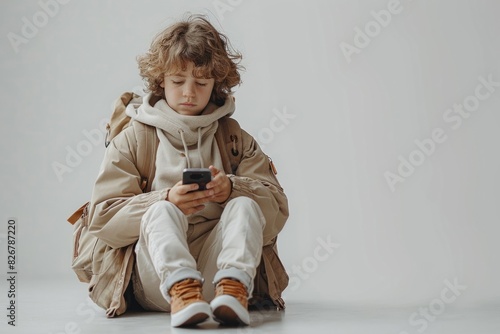 A young boy on floor with cell phone, wearing baby clothing