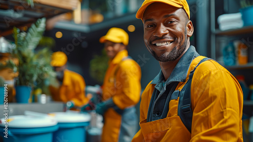 Portrait of a young African American man in a bright uniform working in the yard. Professional janitors work in the courtyard of a house. Ecology concept.