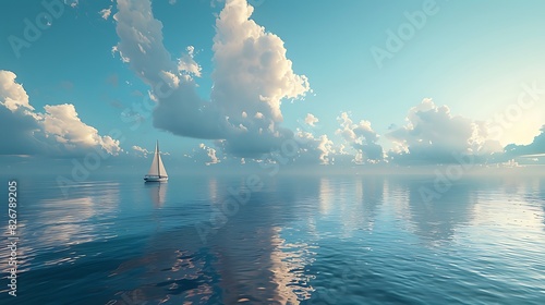 Landscape view of a calm ocean with a sailboat on the horizon