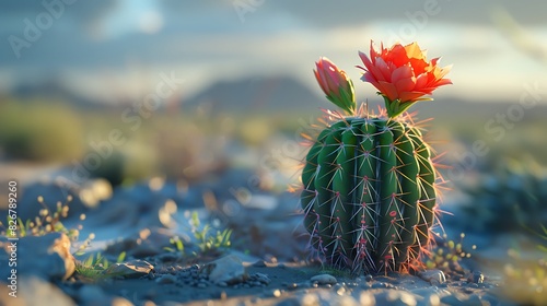 Landscape view of a cactus blooming in the desert