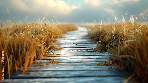 Landscape view of a boardwalk through a marsh