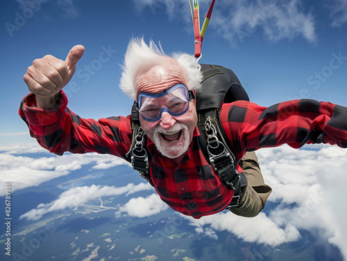 old man skydiving with guide, back view, adrenaline and adventure, parachute open in the sky, feeling of freedom, safety gear, tandem free fall, aerial view of the landscape below,