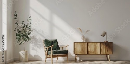 Scandinavian interior mockup in living room with white wall, green armchair and wooden cabinet on the floor, lamp, vase of plant, blank space for design or artwork, 3d rendering illustration,