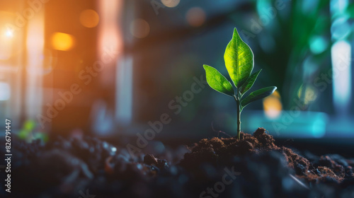 Close-up of a young green sprout in the ground. Growth Marketing. A young plant sprouted in the ground. Concept of business, growth.