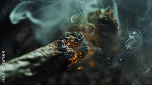 Close up of a burning marijuana joint with lots of smoke.