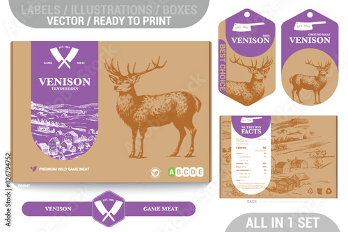 Venison game meat packaging design set featuring detailed hand drawn illustrations, accents and informative labels. Perfect for farms, butchers, and supermarkets seeking a high quality meat 