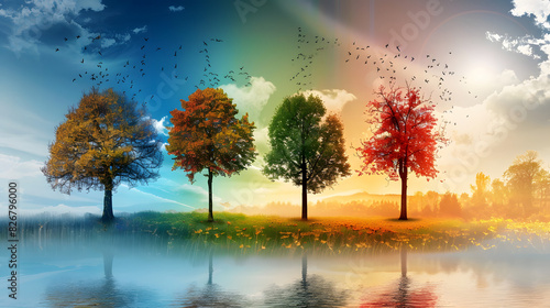Piękno Czterech Pór Roku: Kolorowe Drzewa w Urokliwej Ilustracji