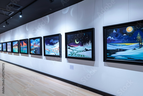 An art museum gallery wall, painted white, is adorned with black-framed abstract paintings of enchanted snowy landscapes under moonlight.