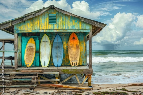 Rustic beach shack with four surfboards in front of it