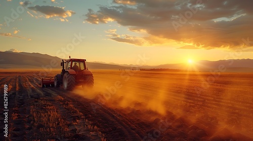 Fresh view of a tractor plowing a field at sunset