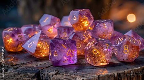 Close-up of glowing purple polyhedral dice with gold numbers, set on a rustic wooden surface. Perfect for tabletop gaming, fantasy themes, and creative projects.