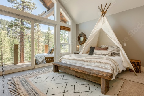 Elegant bedroom with a queen bed, a white teepee and a sliding glass door overlooking a forest view in a luxury home at Lake Tahoe.