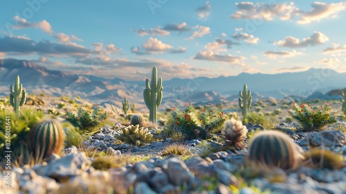 Fresh view of a rocky desert landscape with cacti and a clear sky