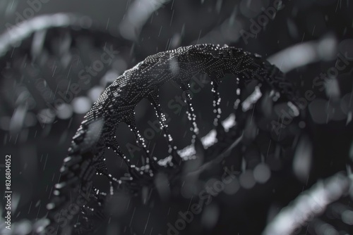 Monochrome DNA spiral under rain symbolizes the resilience and continuity of life's genetic foundations.