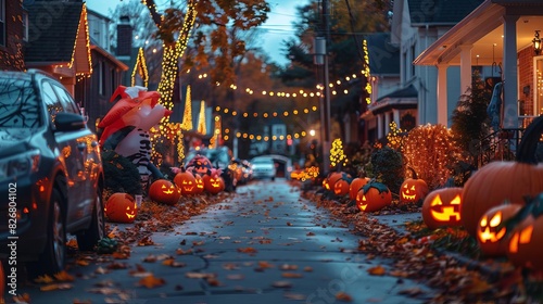 Neighborhood street lined with houses showcasing elaborate Halloween decorations, from inflatable witches and skeletons to glowing pumpkins and spooky lanterns