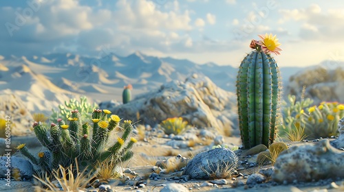 Fresh view of a rocky desert landscape with cacti