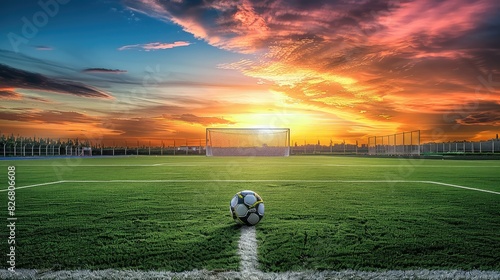 Empty soccer field under dramatic sunset sky