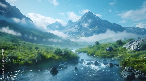 Fresh view of a mountain valley with a river and fog under a clear sky