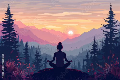 Woman meditating in nature, sunrise over mountains and forest background, flat vector illustration with space for text or copy, detailed digital art
