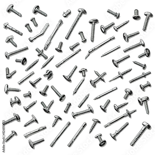 set of screws and nails stickers on white background