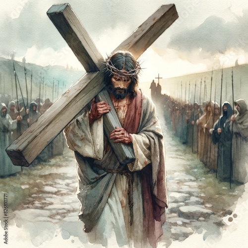Jesus takes up his Cross. Digital watercolor painting illustration