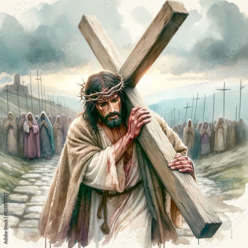 Jesus takes up his Cross. Digital watercolor painting illustration