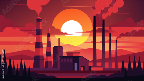 As the sun set the smelting plants towering smokestacks were lit up from within casting an eerie red glow that could be seen from miles away.. Vector illustration