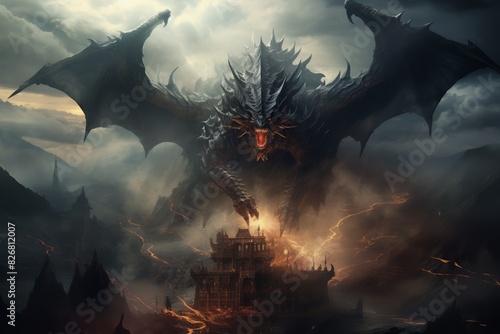 Fantasy castle, dragons circling, stormy weather, epic view, wide shot, legendary anime style