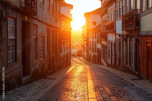 A narrow street with a brick walkway and a sun setting in the background. The street is lined with old buildings and has a peaceful, serene atmosphere