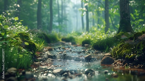 Fresh view of a lush forest with a babbling brook