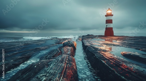 Fresh view of a lighthouse on a rocky shore