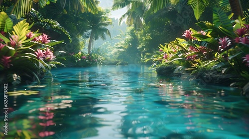 Fresh view of a lagoon surrounded by tropical plants