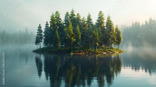 Fresh view of a forested island in a lake