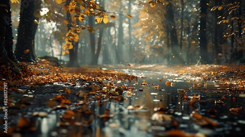 Fresh view of a forest with a river and fallen leaves