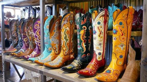A display of handpainted cowboy boots each one unique and showcasing the personal style and flair of its owner.