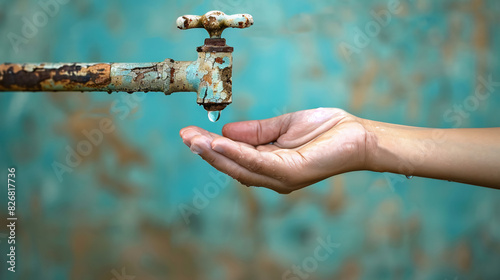 Hand reaching out for a single drop of water from a cracked, dry faucet, symbolizing the desperation caused by water shortages.