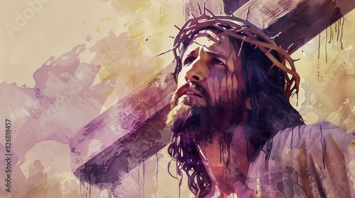 Jesus takes up his Cross. Digital watercolor painting illustration
