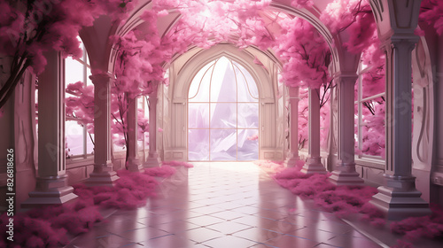 gloomy white tunnel with pink flowers and leaves, mirror rooms, saturated pigment pools, precise, detailed architecture paintings