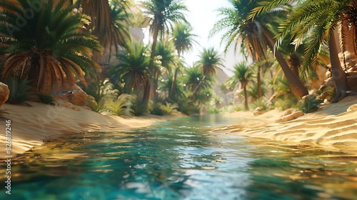 Fresh view of a desert oasis with palm trees and water