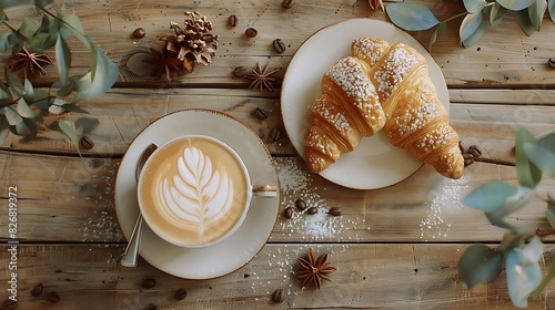 Top view of two croissants and cappuccino on shabby wooden table surface