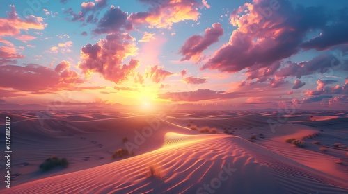 Fresh view of a desert landscape with sand dunes and a colorful sky at sunset