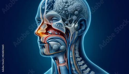 Medical Illustration of Human Body Highlighting Allergic Rhinitis.3D medical illustration showing the human body with a focus on the effects of allergic rhinitis, emphasizing the nasal and sinus areas