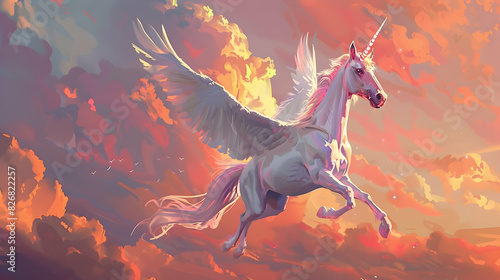 Mythical creature unicorn. Gorgeous Pegasus with huge wings and a horn in flight. Painted powerful unicorn in all its glory. A horse created in ai.