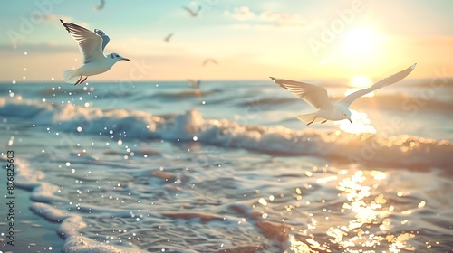 Seagulls flying over a deserted beach