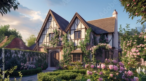 : A picturesque suburban home with a Tudor-style exterior, featuring half-timbered walls and a steeply pitched roof. The front garden is lush with ivy and roses, creating a storybook feel.