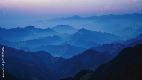 The image shows a beautiful mountain landscape with a blue tint. The mountains are shrouded in mist, creating a sense of mystery and tranquility.