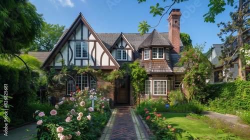 : A picturesque suburban home with a Tudor-style exterior, featuring half-timbered walls and a steeply pitched roof. The front garden is lush with ivy and roses, creating a storybook feel.