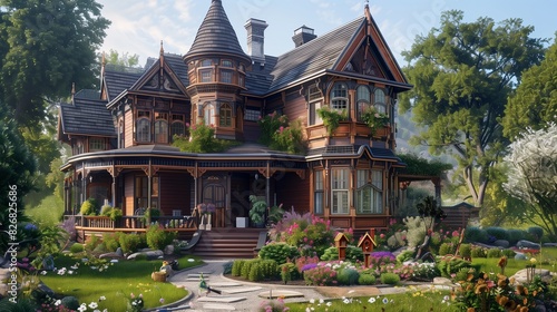 : A picturesque suburban home with a Victorian design, featuring intricate woodwork, a turret, and a wrap-around porch. The garden is lush and vibrant, with a variety of flowers and a small birdhouse.