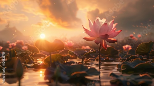 Pink lotus flowers bloom in the cool, dewy morning. Beautiful nature plant flowers outdoor.