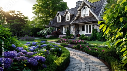 : A picturesque suburban home with a charming, stone pathway leading to the front door, surrounded by a lush garden filled with hydrangeas and peonies. 